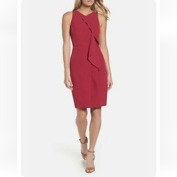 𝅺Adrianna Papell Geranium Stretch Crepe V Neck Sheath Dress - Picture 1 of 13